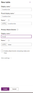 ConditionSet Table Properties