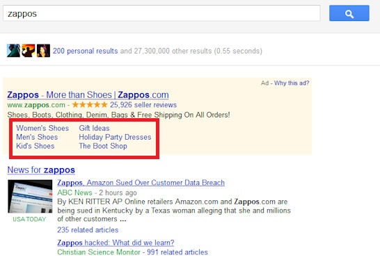 Zappos AdWords Sitelinks