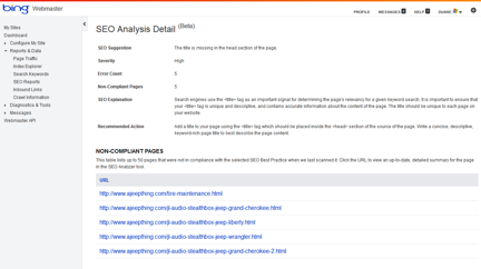 Bing Webmaster Tools SEO Analysis Detail