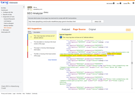 Bing Webmaster Tools SEO Analyzer Page Source Feature