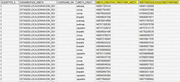 snapshot for the source data with the unix epoch column highlighted