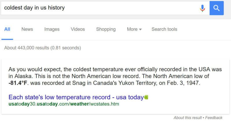 Screenshot of a Featured Snippet showing the coldest day in the US history