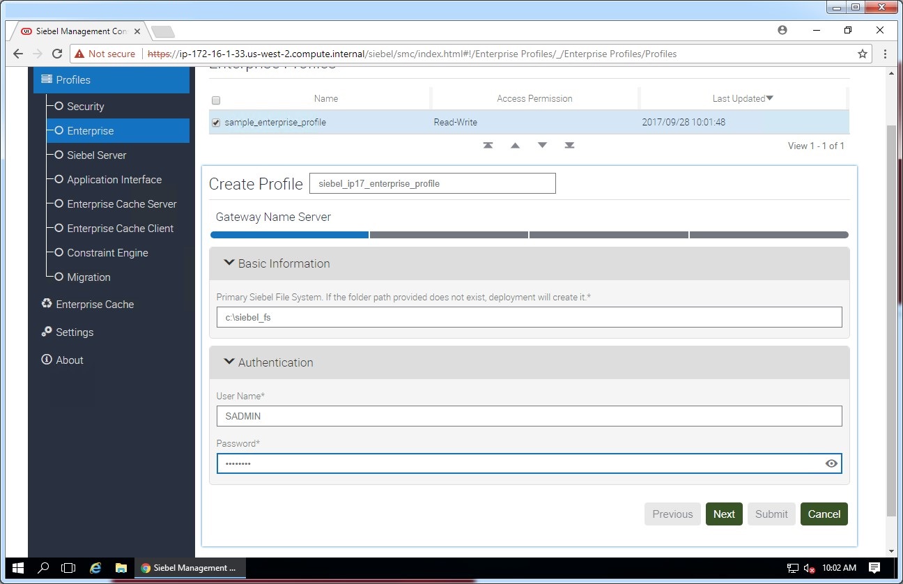 Siebel IP2017 Management Console screen shot