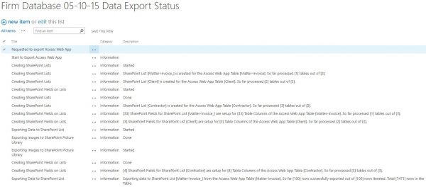 Export Status List showing Progress
