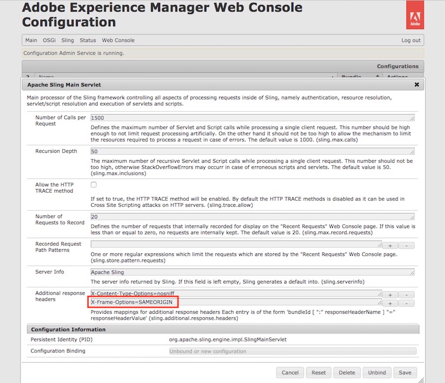 The Sling Main Servlet OSGi Config