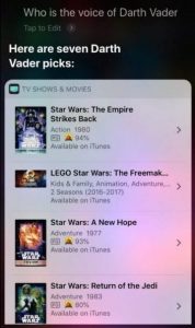 Siri returned answer for Who is the Voice of Darth Vader Screenshot