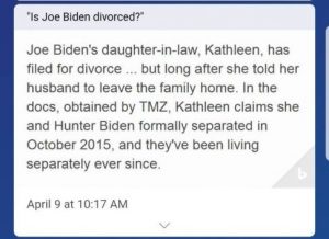 Cortana returned answer for Is Joe Biden divorced Screenshot