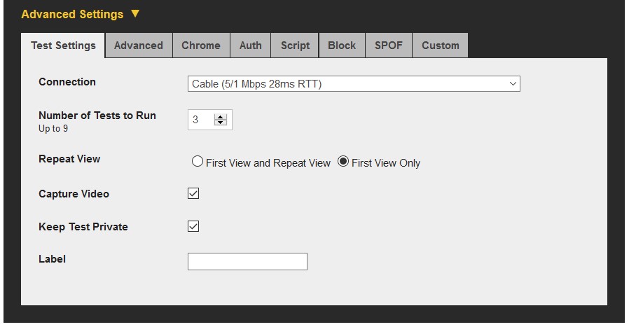 Webpagetest.org advanced setting screenshot