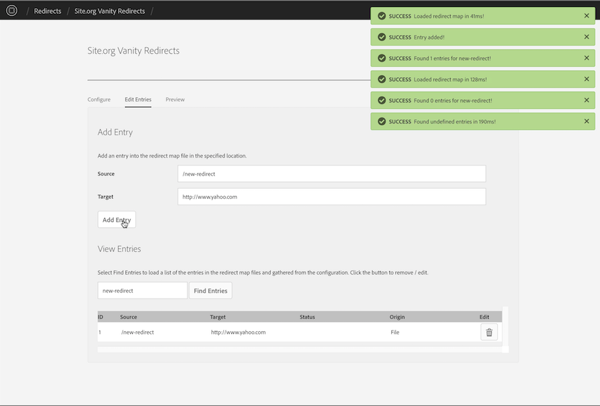 Adding an entry into the redirect map