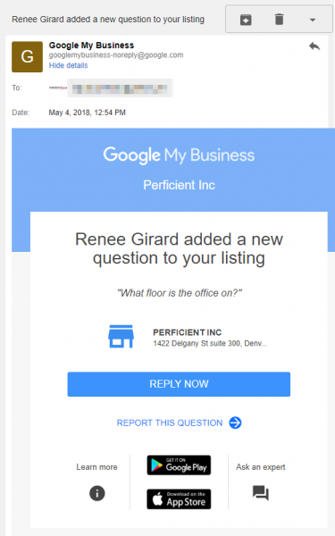 Google My Business email notification for Questions on local listing