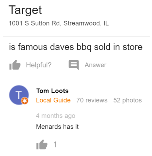 Target Q&A regarding Famous Daves