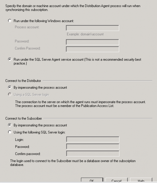 MSSQL Distribution Agent – Configure Subscription Security B.