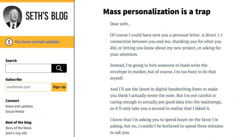Seth's Mass Personalization is a Trap Blog screenshot