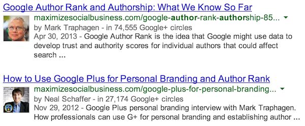 Google's Authorship program screenshot showing Mark Traphangen and Neal Schaffer as authors of two articles