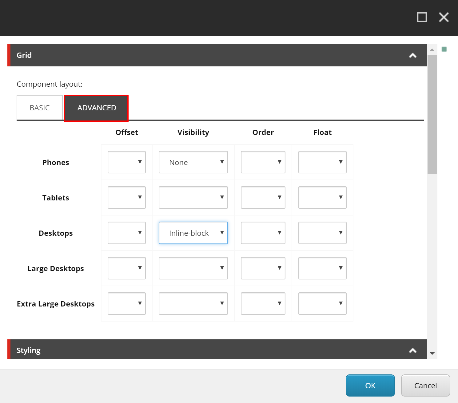 Sitecore SXA advanced grid control illustrating visibility