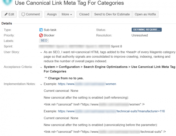 JIRA ticket example for adding canonicals to Magento categories