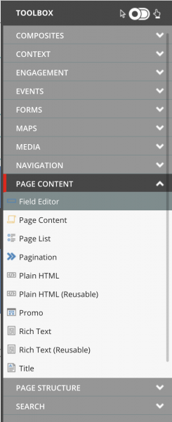 Sitecore basic SXA toolbox with Page Content section open