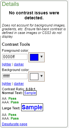 A screenshot of a contrast checker used to improve accessibility issues created by low contrast of page elements.