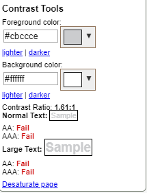 A screenshot of a low contrast checker showing the accessibility issues created by having light gray text on a white background.