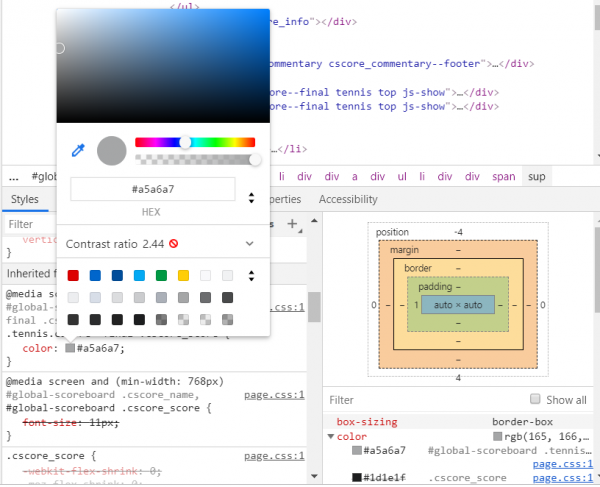 A screenshot of Google Developer Tools helping to identify low contrast issues on webpages.