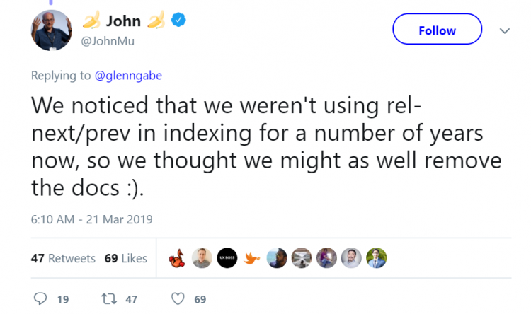John Mueller Tweet on Google no longer uses rel=prev/next