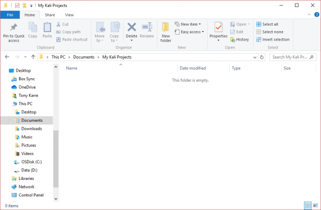 screenshot of initial empty parent folder where projects will be created.