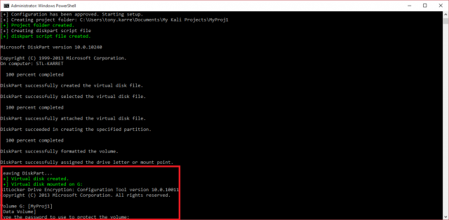 screenshot of script waiting for a bitlocker password