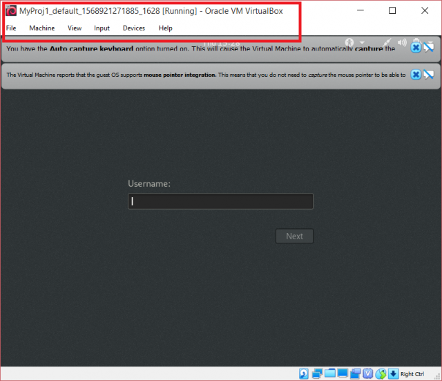 screenshot of running Kali VM with login screen