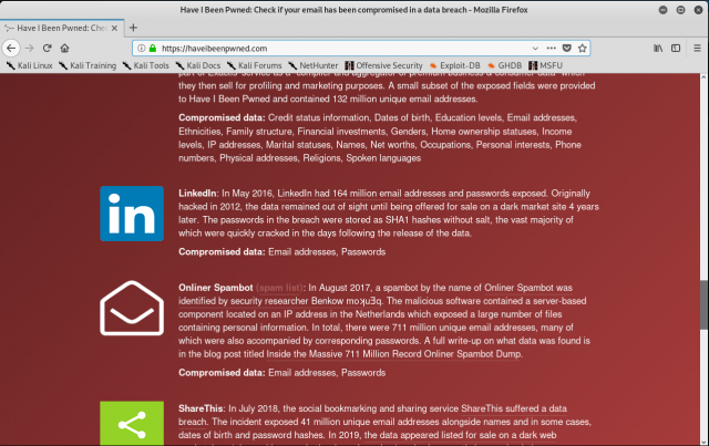 screenshot of haveibeenpwned.com