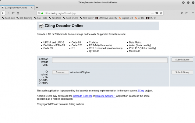 screenshot of ZXing Decoder Online site