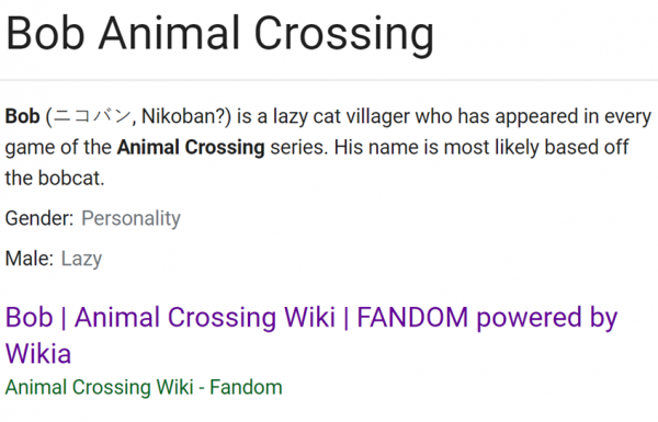 Google Serp Listing For “bob Animal Crossing”