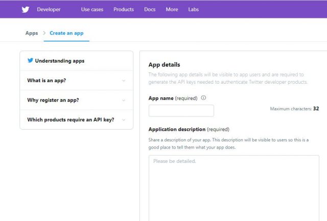 Twitter - Create an app page: