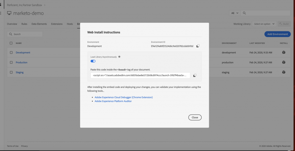 Adobe Launch Configuration URL