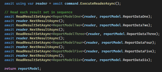 EF Core execute stored procedure and read multiple result sets