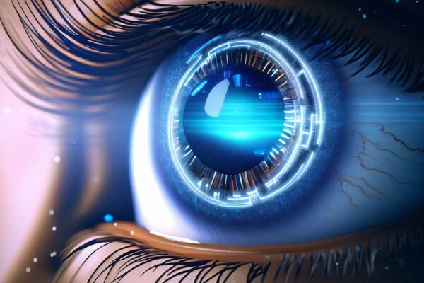 Human AI eye looking hopefully to the future
