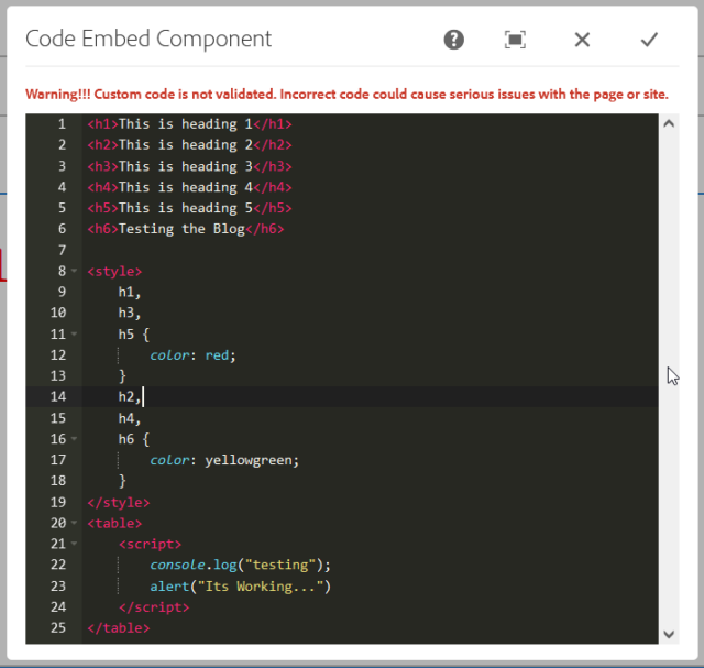 AEM Code Embed Component Dialog