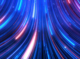 Abstract Colorful Glow Light Trail With Blue Red Particles Background.