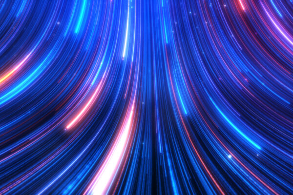 Abstract Colorful Glow Light Trail With Blue Red Particles Background.