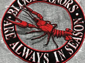 Blood Drive T-Shirt with a Crawfish encircled by Text Saying "Blood Donors Are Always In Season"