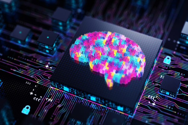 Brain Artificial Intelligence Chip. Machine Learning Digital Mind Technology Concept.