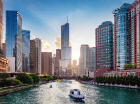 Chicago River Cityscape At Sunset