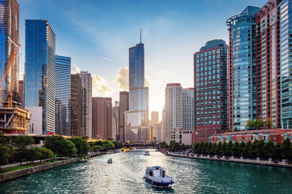 Chicago River Cityscape At Sunset