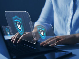 Cyber security firewall interface protection concept HTTPS certificates. Businesswoman protecting herself from cyber attacks. Personal data security and banking. stock photo