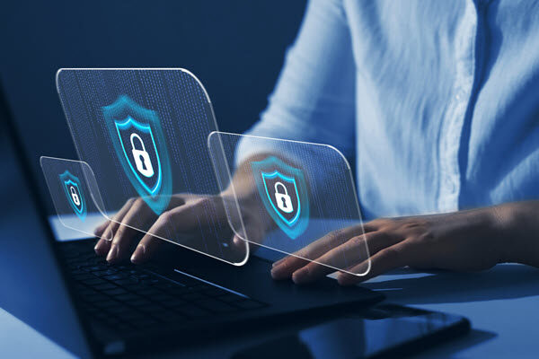 Cyber security firewall interface protection concept. Businesswoman protecting herself from cyber attacks. Personal data security and banking. stock photo
