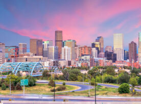 Panorama Of Denver Skyline At Twilight.