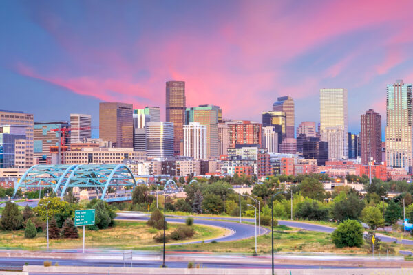 Panorama Of Denver Skyline At Twilight.