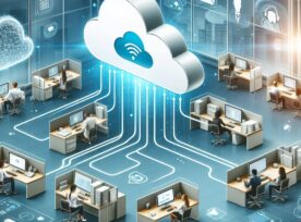 Contact center agents connected to a cloud icon