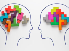 Heads Of Two People With Colourful Shapes Of Abstract Brain