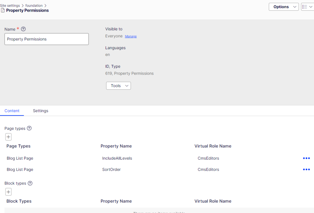 Screen shot displaying the Dynamic Property Permissions Settings configuration screen