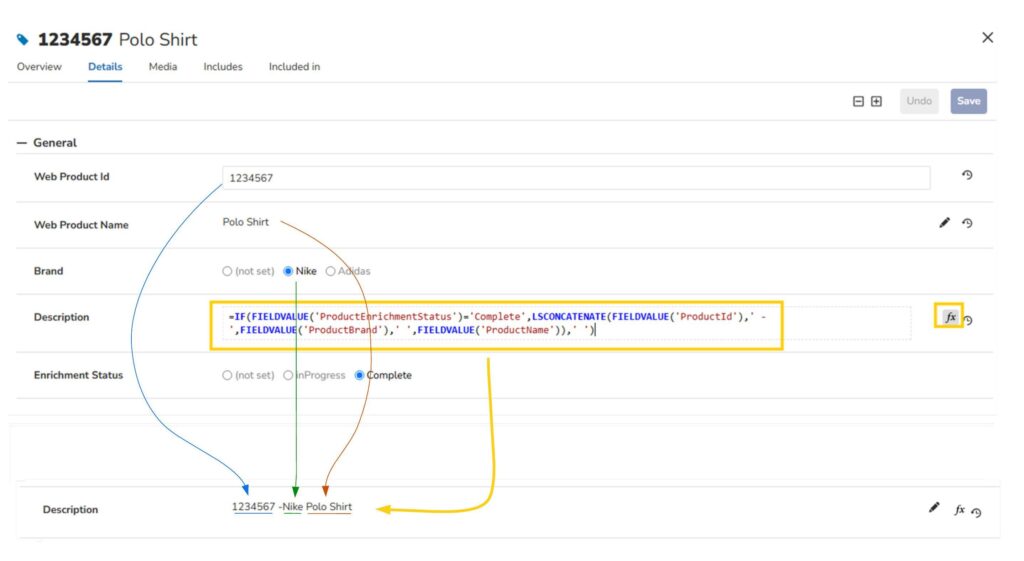 Descriptions generated by concatenating key attributes.